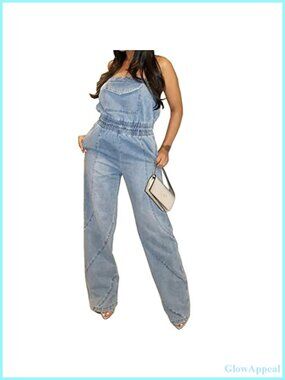 Womens Strapless Denim Cargo Jumpsuit Romper Sleeveless One Piece Jeans